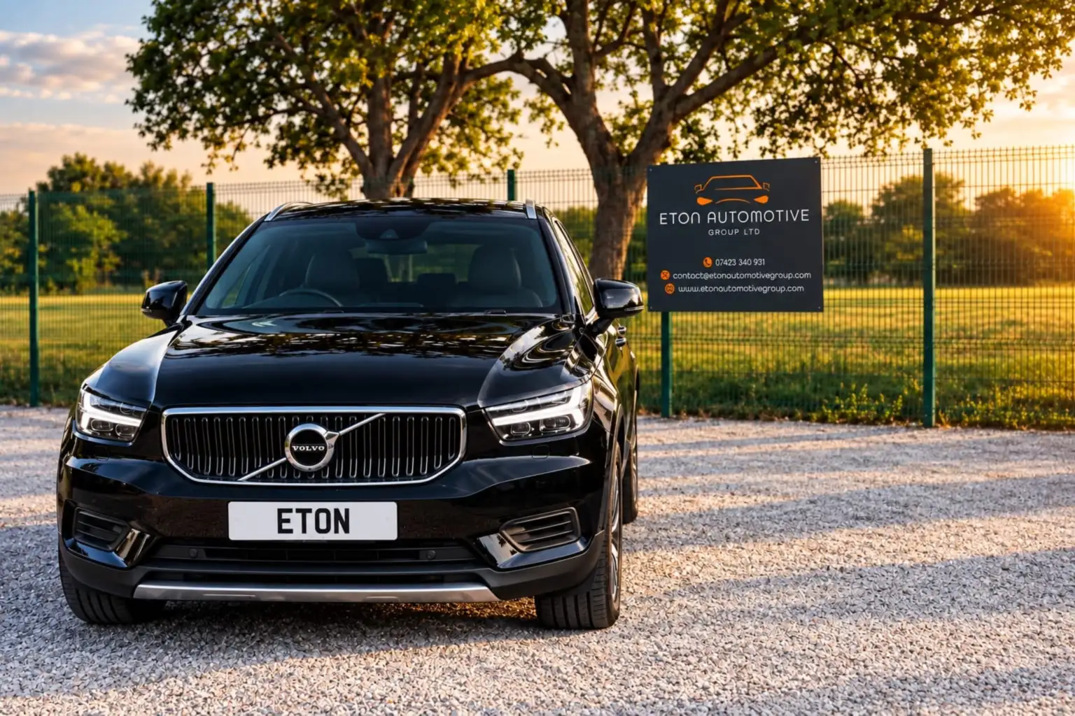 Gleaming black Volvo on the Eton Automotive forecourt